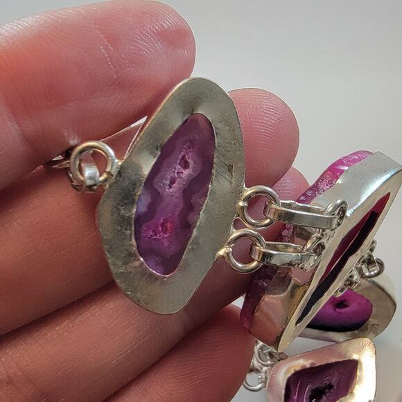 Gemstone Bracelets Sterling Silver Raw Pink Agate Slice Bracelet Adjustable Fit - Picture 9 of 10